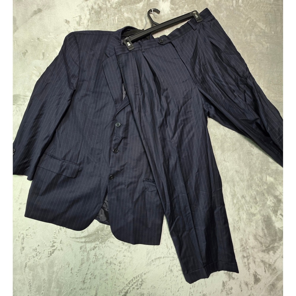 Super 120s Wool Pinstripe Suit Set Navy Blue 42R W36 Blazer Pleated Pants